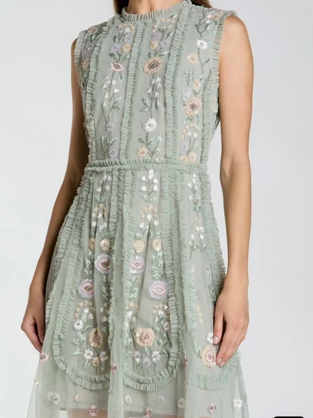 Mac Duggal Sage Green Embroidered Floral Midi Dress